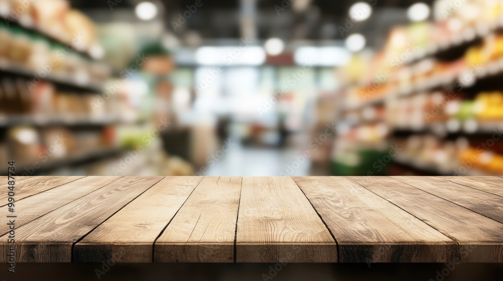 Wooden table top with blurred supermarket background. Wooden table top with blurred supermarket background.