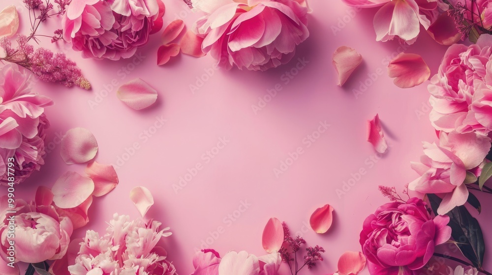 Trendy Abstract. Romantic Floral Frame with Peonies and Roses on Pink Background Trendy Abstract. Romantic Floral Frame with Peonies and Roses on Pink Background