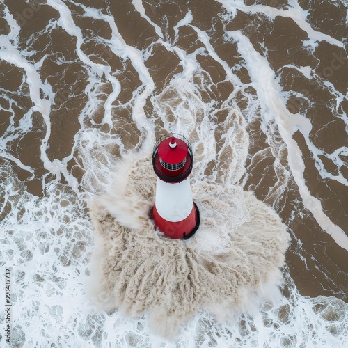 A lighthouse standing tall amidst rising floodwaters, the ocean battering its base