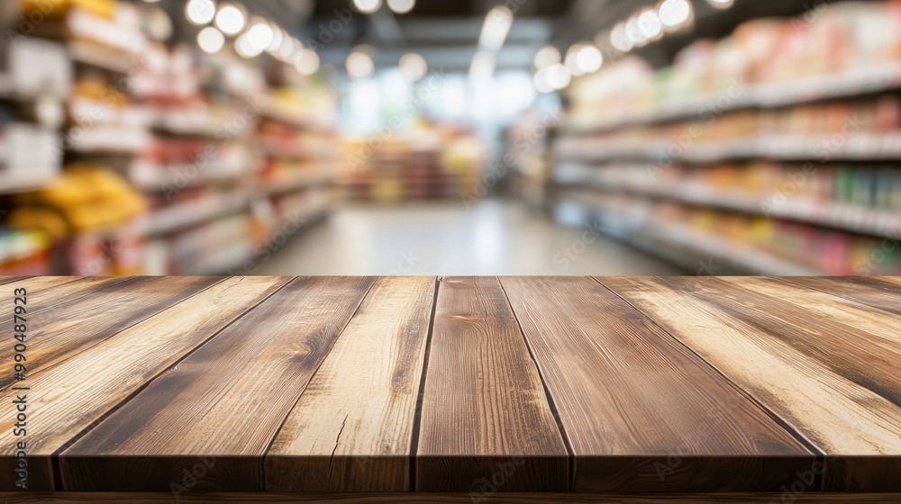 Wooden table top on a blurred supermarket aisle background. Wooden table top on a blurred supermarket aisle background.