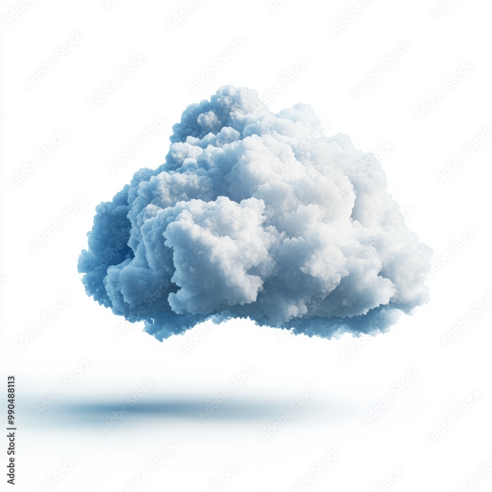 A realistic 3D cloud with light and shadow contrast, floating in mid-air, detailed rendering, isolated on white background A realistic 3D cloud with light and shadow contrast, floating in mid-air, detailed rendering, isolated on white background