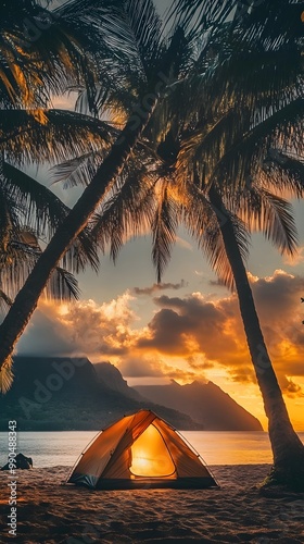 A tent set up on the beach under palm trees during sunset, with a tropical ocean and mountains in the background