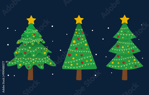 Christmas tree set with snow in dark blue background. Collection of green fir for Christmas holiday vector illustration.