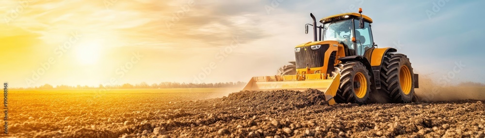 Front-end agricultural equipment clearing fields, pushing soil and rocks, rugged machinery in a dynamic rural setting Front-end agricultural equipment clearing fields, pushing soil and rocks, rugged machinery in a dynamic rural setting