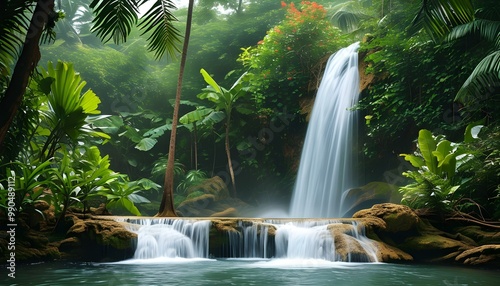 Tranquil tropical garden with a serene waterfall creating a peaceful and inviting ambiance