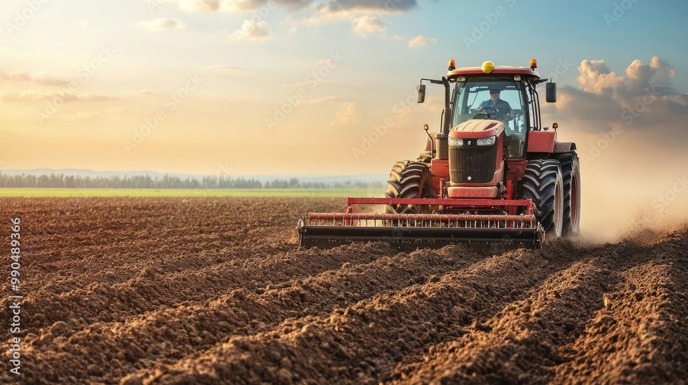 Obraz premium Massive diesel farm machine with automation plowing soil, rugged farming equipment in action, dust rising