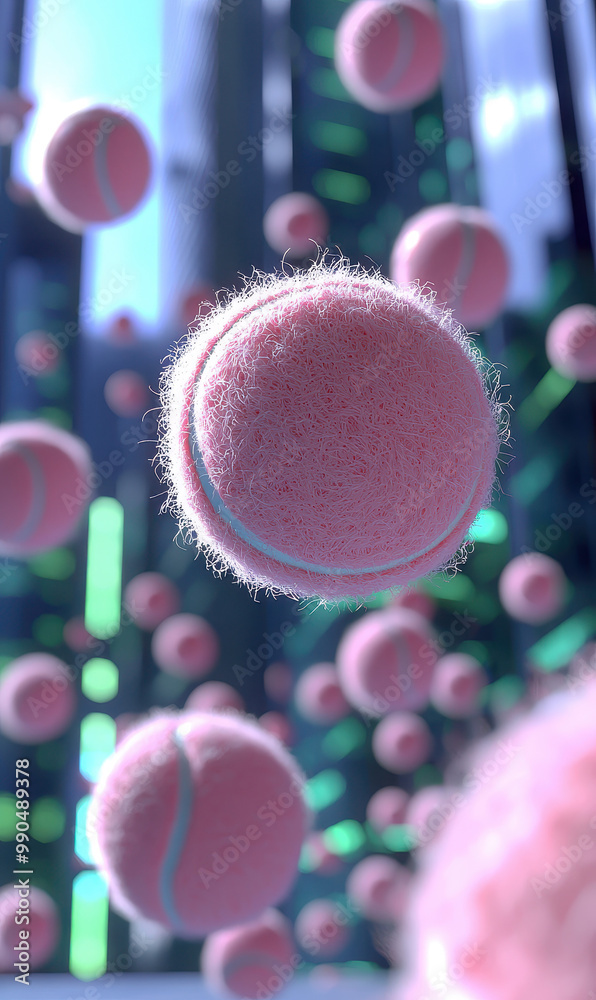 Floating Pink Tennis Balls in Futuristic Urban Setting