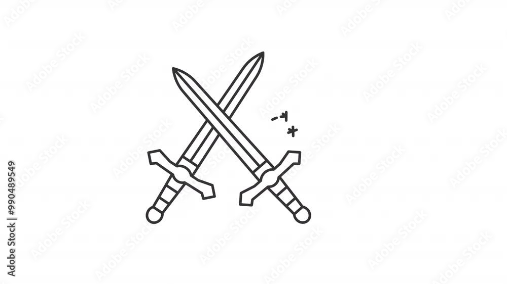 Sword fight line animation. Animated crossed swords icon. Medieval edge weapon. Historical artifacts.Black illustration on white background. HD video with alpha channel. Motion graphic