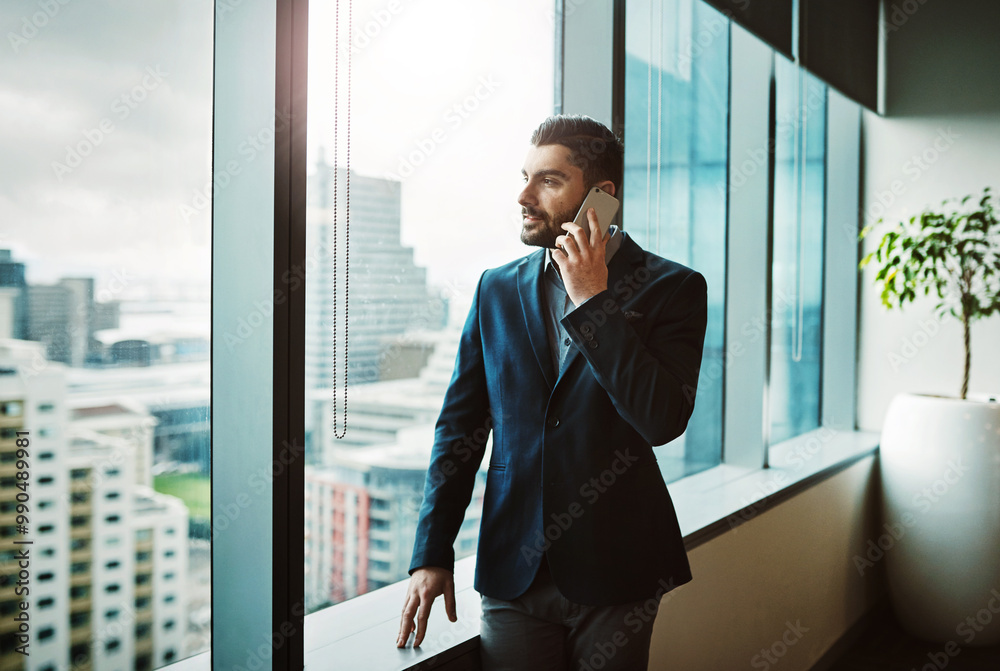 Office, thinking and businessman by window for phone call, planning and networking with client for court case. Career, male person and lawyer with mobile for justice, legal advice and corporate law Office, thinking and businessman by window for phone call, planning and networking with client for court case. Career, male person and lawyer with mobile for justice, legal advice and corporate law