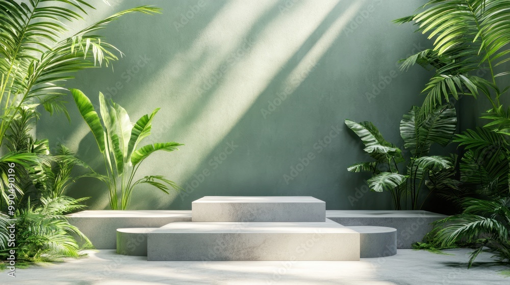 Minimalist concrete platform with lush green plants against a sage green wall. Minimalist concrete platform with lush green plants against a sage green wall.