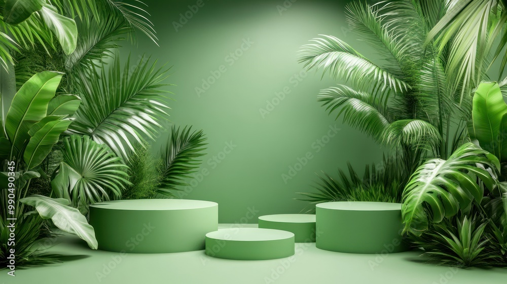 Green podium for product display with tropical plants. Green podium for product display with tropical plants.