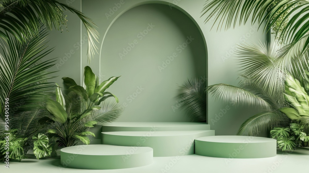 Green podium with palm trees in a green background. Green podium with palm trees in a green background.