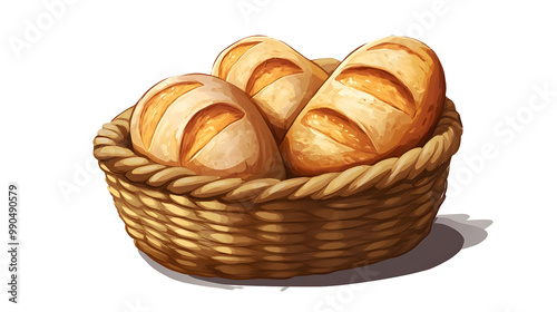 Cartoon illustration of Freshly baked bread loaves in a wicker basket isolated on transparent background