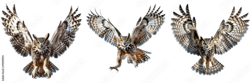 Three owls flying in the air, one of them is in the middle Three owls flying in the air, one of them is in the middle