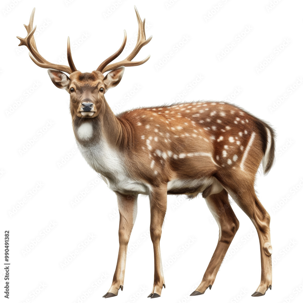 A deer stands in front of a white background A deer stands in front of a white background