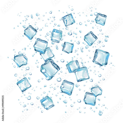Ice cube bubbles. Frosty purity water with floating frozen cube crystal, cool soda transparent refreshing drink bubble frost aqua stream flow, realistic exact vector illustration