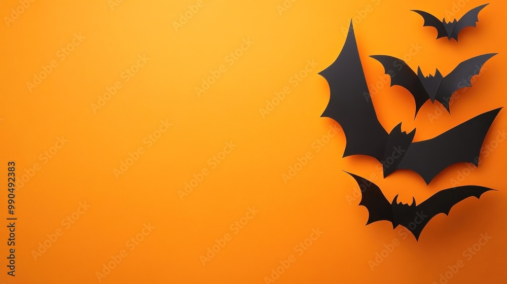 Black paper bats on an orange background with copy space. Black paper bats on an orange background with copy space.