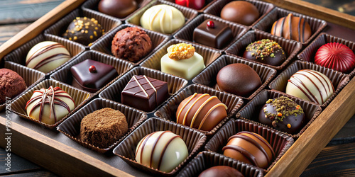 A luxurious assortment of gourmet chocolates neatly arranged in a box. Each chocolate has a unique design, showcasing a variety of textures, patterns, and toppings