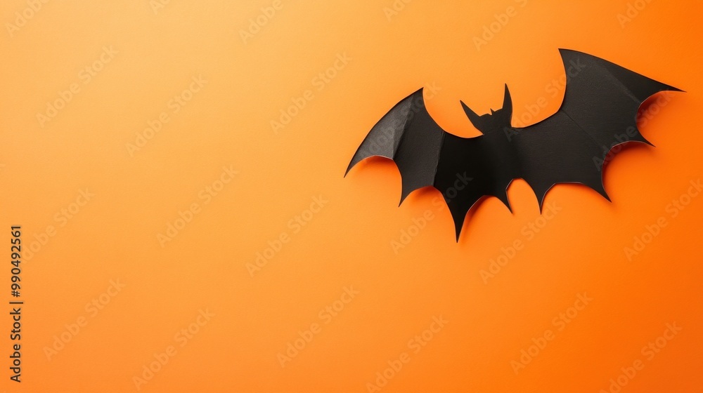 A black paper bat cutout on a bright orange background. A black paper bat cutout on a bright orange background.