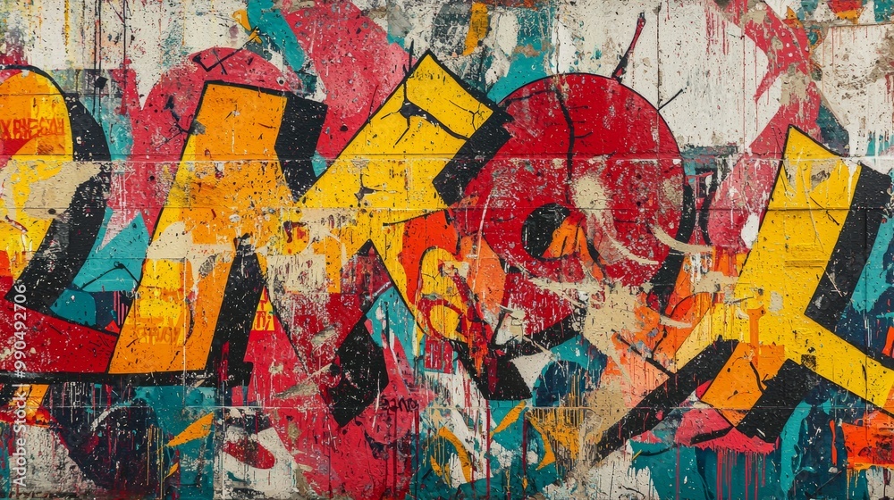 Layered graffiti wall with multiple stencils, spray-painted layers in vibrant reds and yellows Layered graffiti wall with multiple stencils, spray-painted layers in vibrant reds and yellows