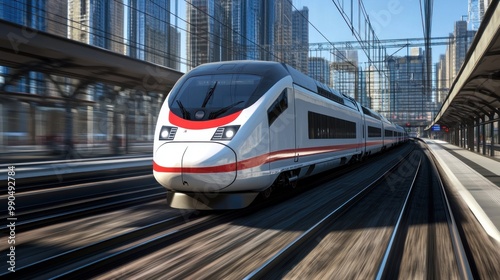 High speed train speeding through a city railway station.