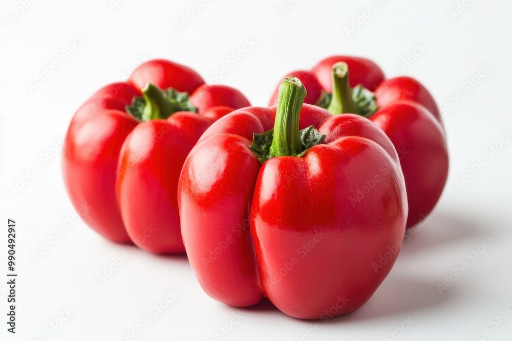 Three vibrant red bell peppers displayed in sharp focus, isolated on a clean white background. Three vibrant red bell peppers displayed in sharp focus, isolated on a clean white background.