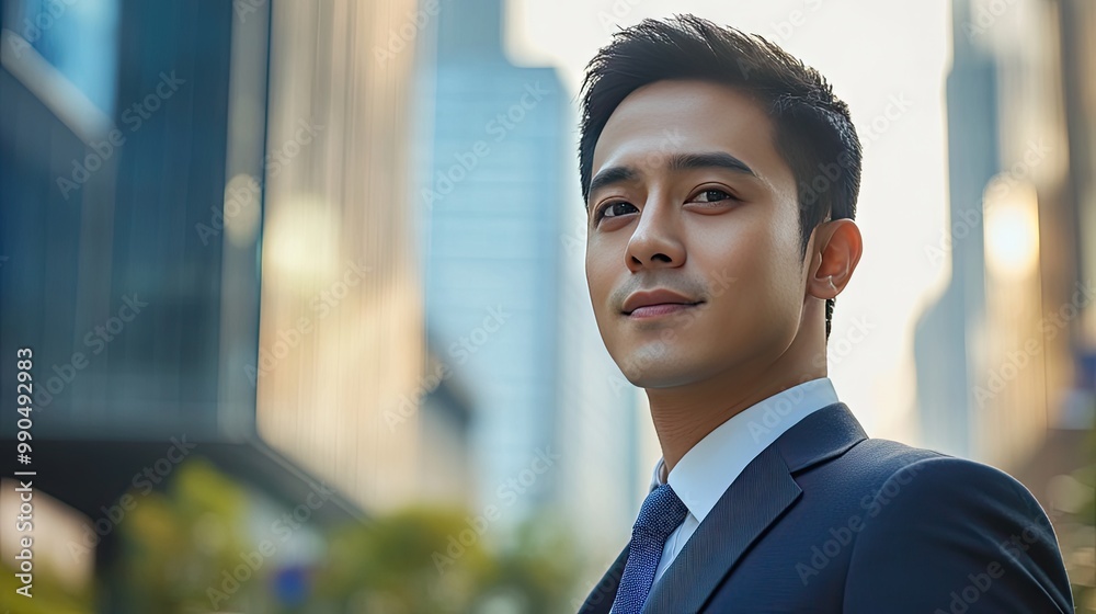 Young Asian businessman in a tailored suit, confidently standing outdoors with a blurry background of a modern business district. Natural light enhances his professional look. Young Asian businessman in a tailored suit, confidently standing outdoors with a blurry background of a modern business district. Natural light enhances his professional look.