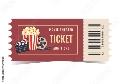 Movie theater ticket isolated on white background. Vector, movie, movie, popcorn, play, party, event, festival ticket realistic template red-white . Ticket icon for website.