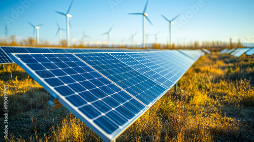 Solar Panels and Wind Turbines in Energy Field photo