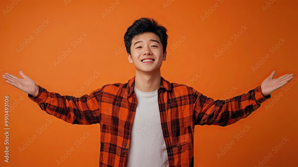 Young Asian man with open arms, smiling in a welcoming gesture. Isolated studio shot on a bright orange background, full of vibrant energy and joy. Young Asian man with open arms, smiling in a welcoming gesture. Isolated studio shot on a bright orange background, full of vibrant energy and joy.