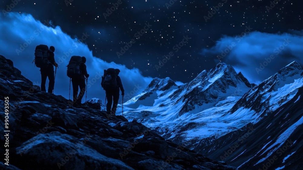 Three hikers with backpacks stand on a mountain ridge with a view of snow-covered peaks under a starry sky. Three hikers with backpacks stand on a mountain ridge with a view of snow-covered peaks under a starry sky.