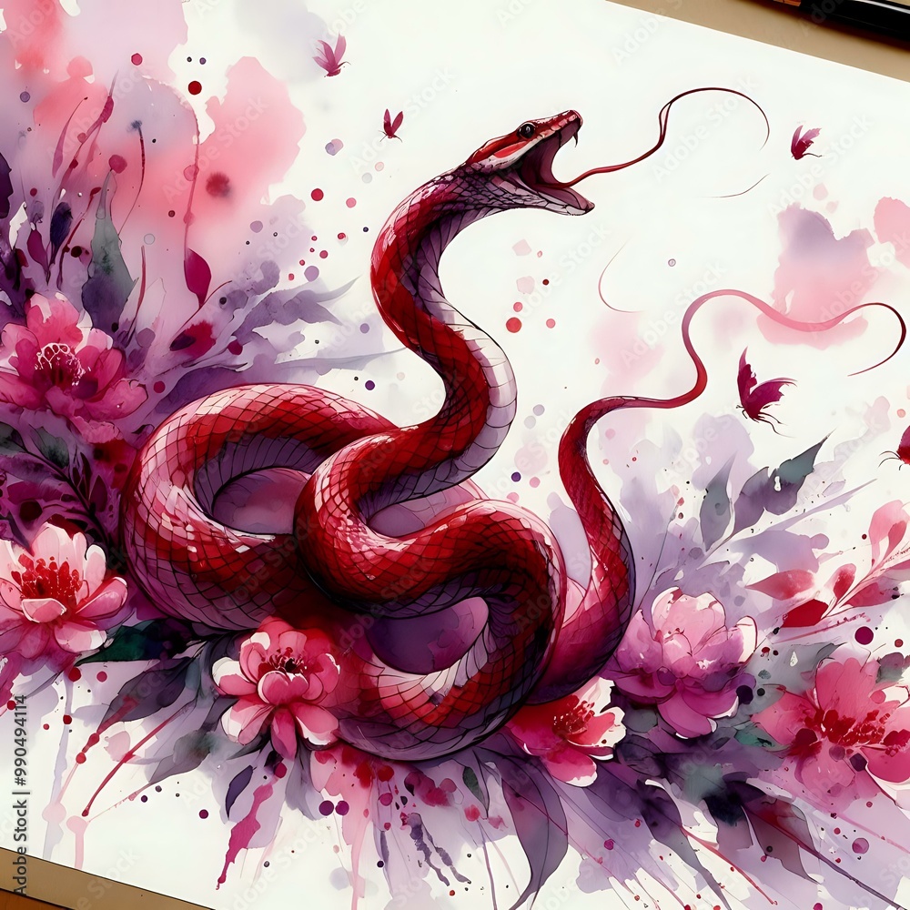 Obraz premium Crimson Serpent Amongst Floral Hues