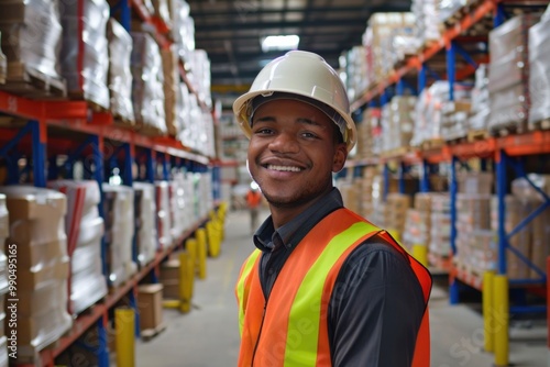 Hard Hat Man. Smiling Warehouse Manager in Safety Vest and Hard Hat