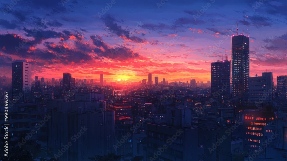 Cityscape with a fiery orange sunset over the buildings. Cityscape with a fiery orange sunset over the buildings.