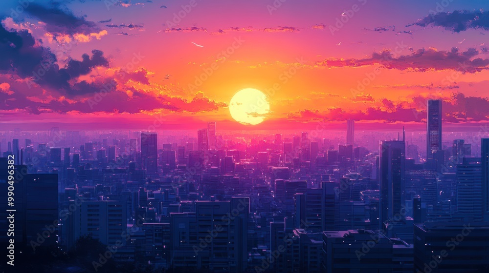 Fototapeta premium Sunset over a city skyline with a big bright sun shining on the clouds.