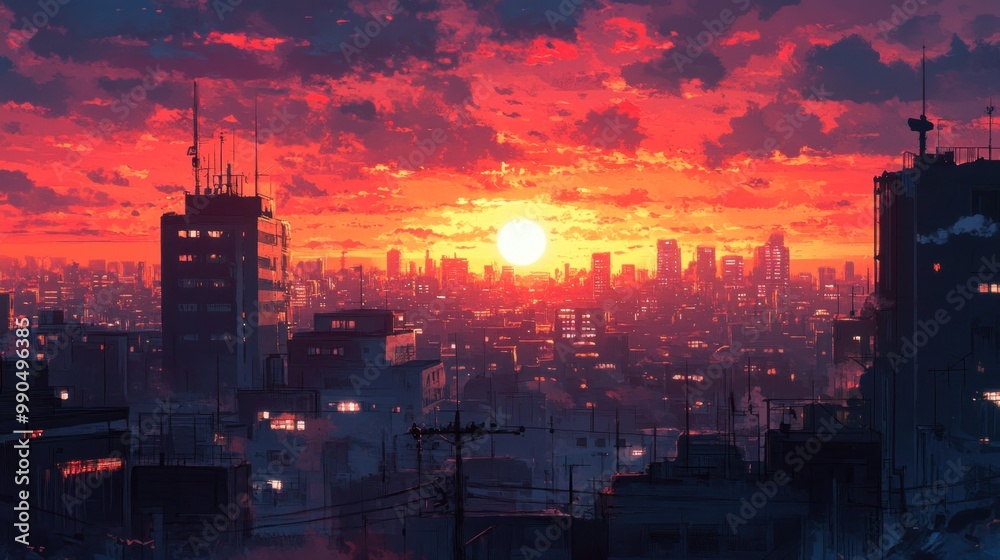 Naklejka premium Cityscape with sun setting over the horizon and red sky.