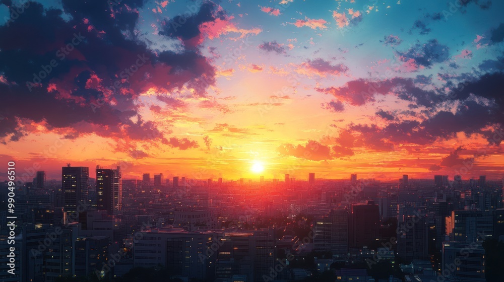 A vibrant sunset casts a warm glow over a sprawling cityscape. A vibrant sunset casts a warm glow over a sprawling cityscape.