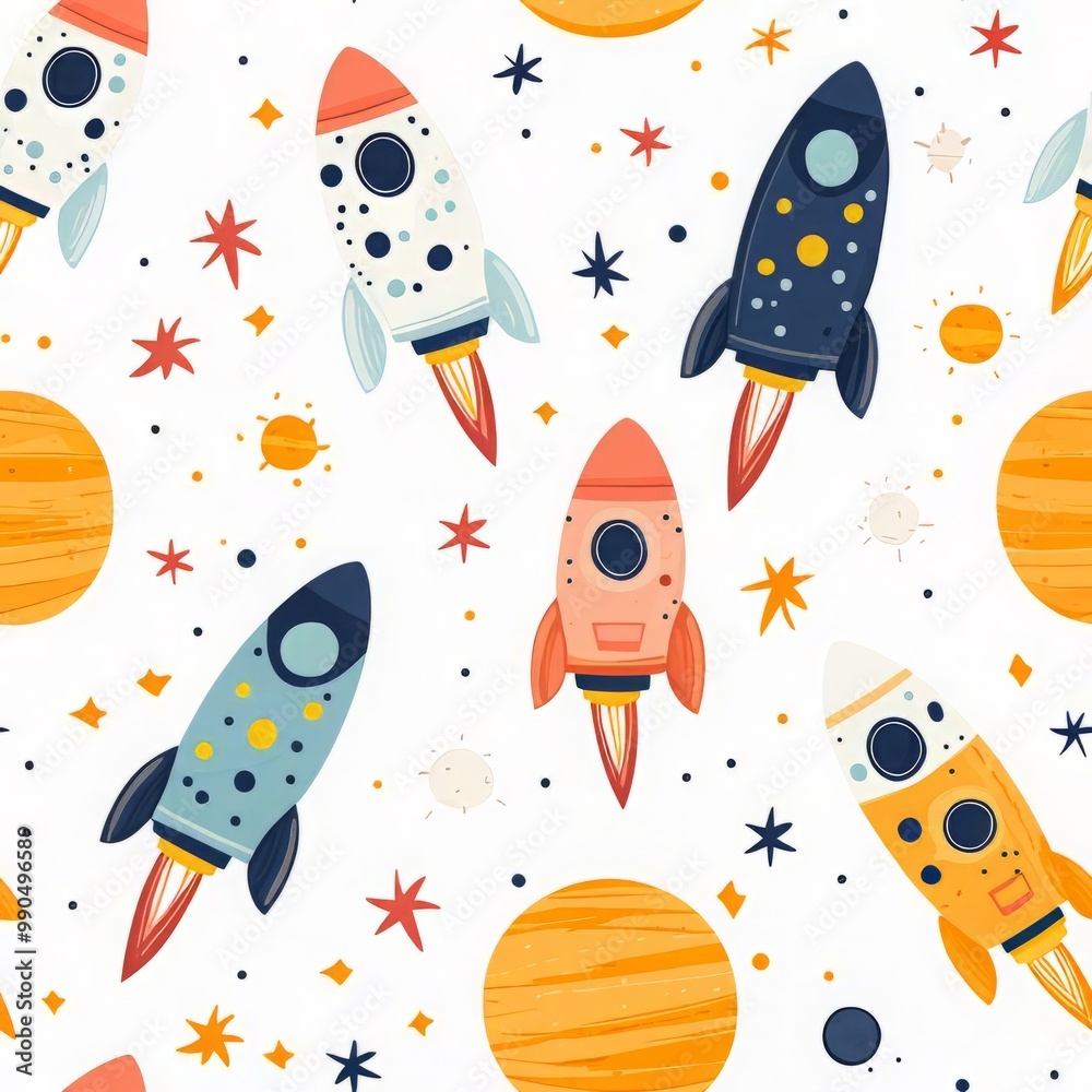 Seamless pattern Colorful rocket ships soar through a whimsical universe filled with stars and planets, ideal for children's designs. Seamless pattern Colorful rocket ships soar through a whimsical universe filled with stars and planets, ideal for children's designs.