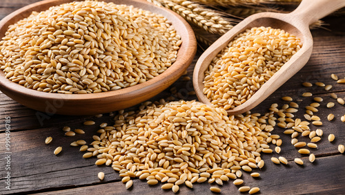 Close up of Wheat grain seeds in wooden bowl and ladle scoop and wheat seeds stack on wooden table