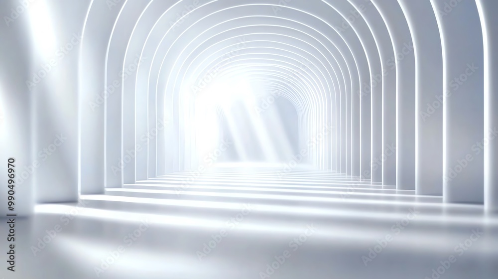 Modern white tunnel with futuristic light beams and reflections, creating a sense of depth and infinity Modern white tunnel with futuristic light beams and reflections, creating a sense of depth and infinity