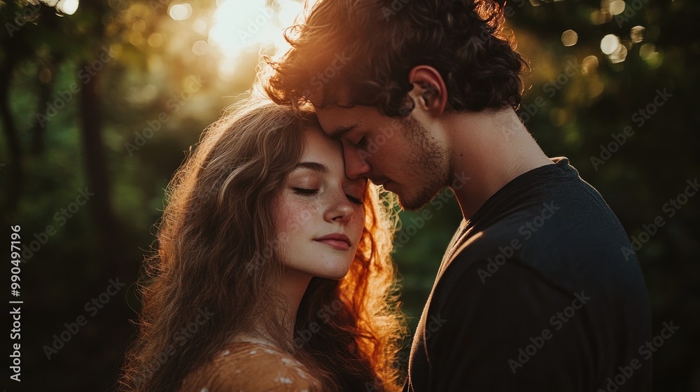 A young couple stands close together, their foreheads touching, eyes closed, in a lush, sun-drenched forest. A young couple stands close together, their foreheads touching, eyes closed, in a lush, sun-drenched forest.