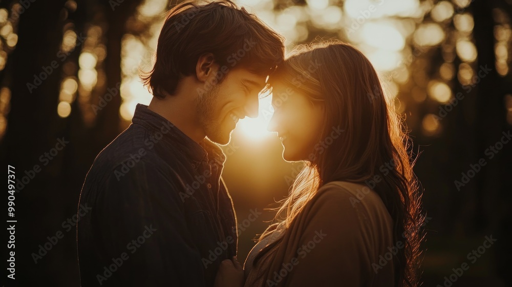 A couple in love is standing face to face with the golden light of the setting sun. A couple in love is standing face to face with the golden light of the setting sun.