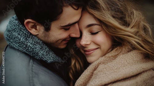 Close up portrait of a couple in love with closed eyes, embracing each other, man in a jacket and woman in a sweater.