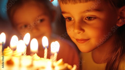 Wallpaper Mural Little girl looking at birthday cake candles with blurred background. Torontodigital.ca