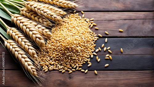 Top view of Wheat grain seeds heap adorned by ear of wheat on wooden table with blank space for design on right composition
