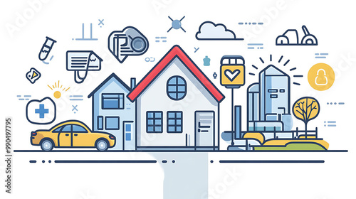 A colorful line illustration of a neighborhood with houses, a car, trees, and a city skyline.