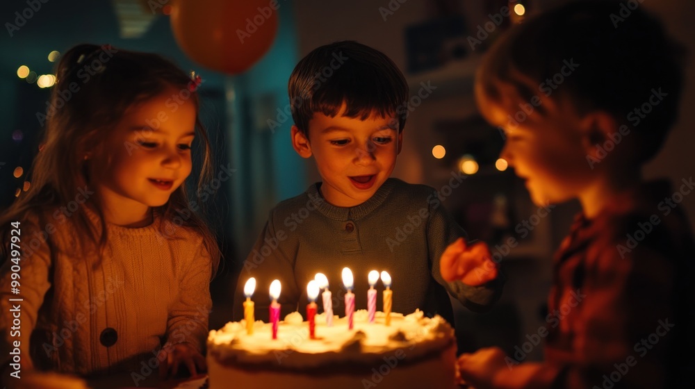 Two children look at a birthday cake with candles. Two children look at a birthday cake with candles.