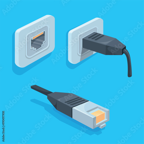 Ethernet socket. Internet cable data lan network connector, wire plug wan modular socket for wifi router office computer port networking connect equipment, neat vector illustration