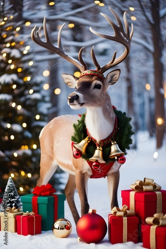 Festive Holiday-Themed Reindeer with Christmas Decorations and Gifts in Snowy Winter Scene