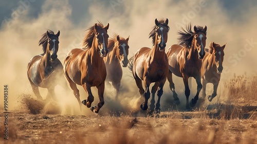 Majestic Wild Horses Galloping Across Dusty Desert Landscape